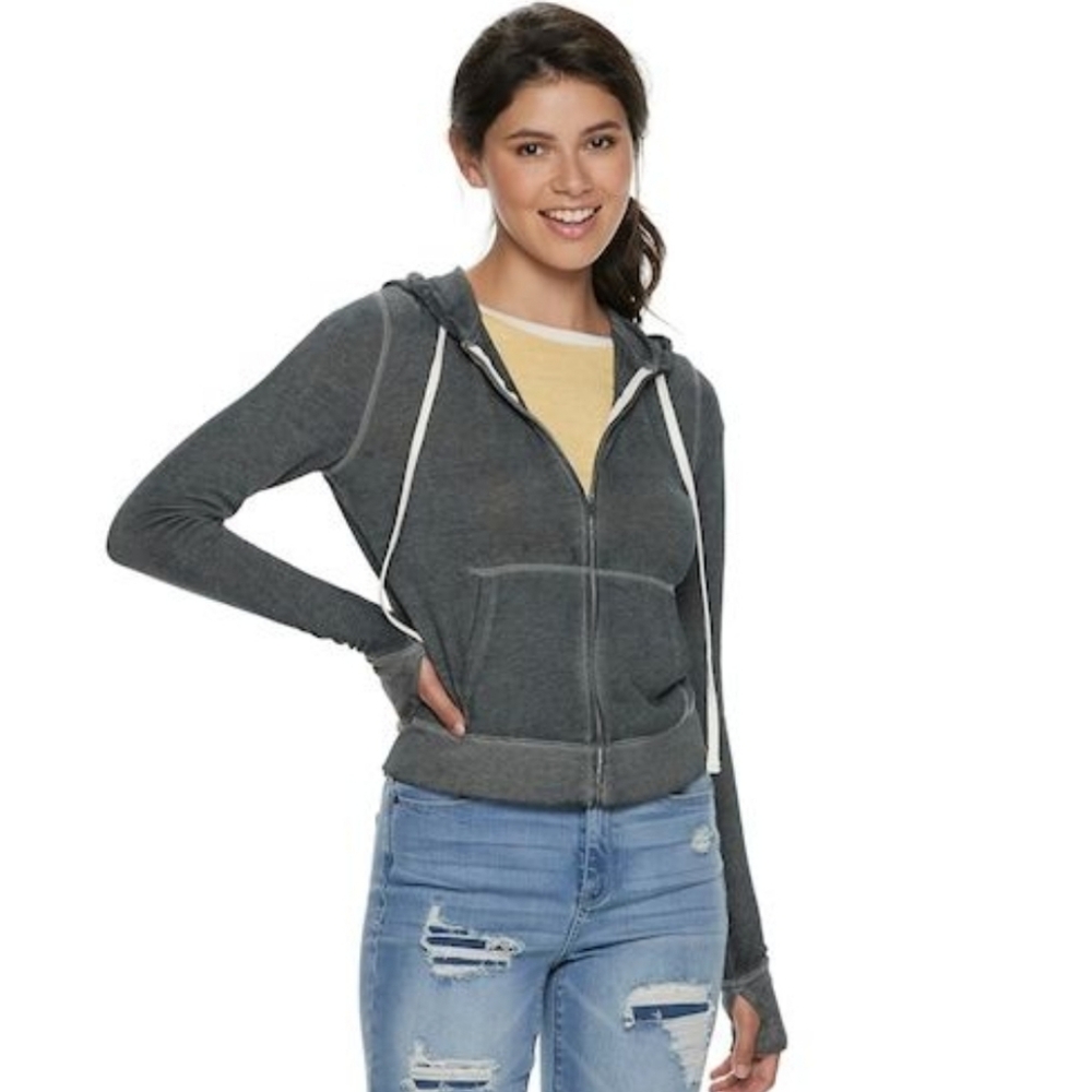 🖤 Dark Gray Zip Hoodie XS Cozy Fitted Sweatshirt Jacket Thumbholes